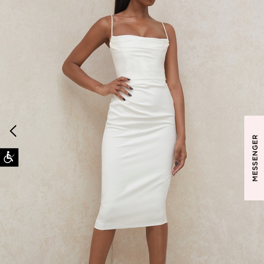 House of CB White Satin Cowl Neck Midi Dress